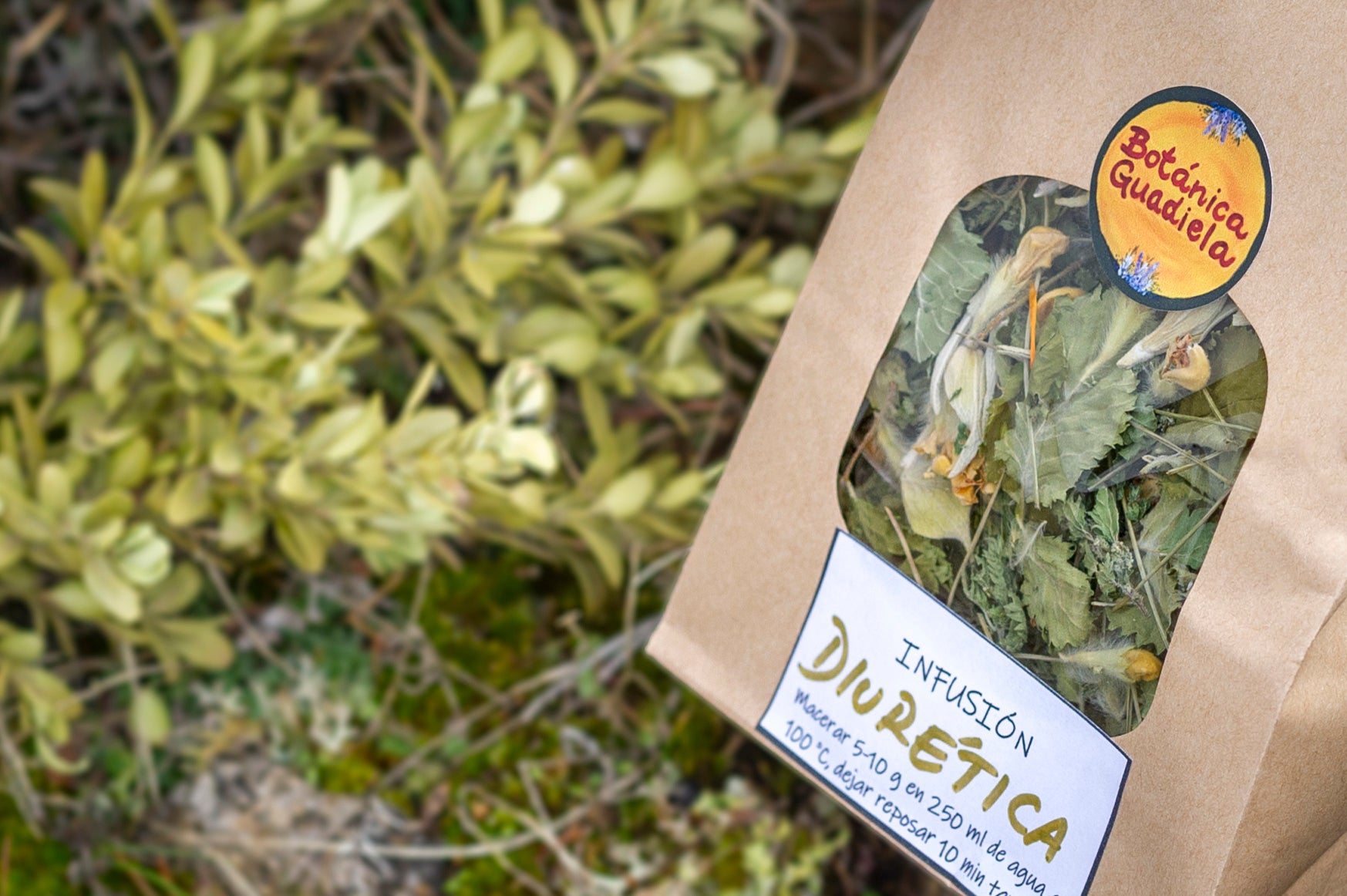 Bolsa de infusión Diurética artesanal de Botánica Guadiela con mezcla de plantas y flores silvestres en un entorno natural.