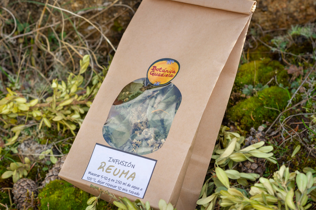 Bolsa de infusión Reuma de Botánica Guadiela elaborada con plantas silvestres artesanales sobre fondo de bosque.