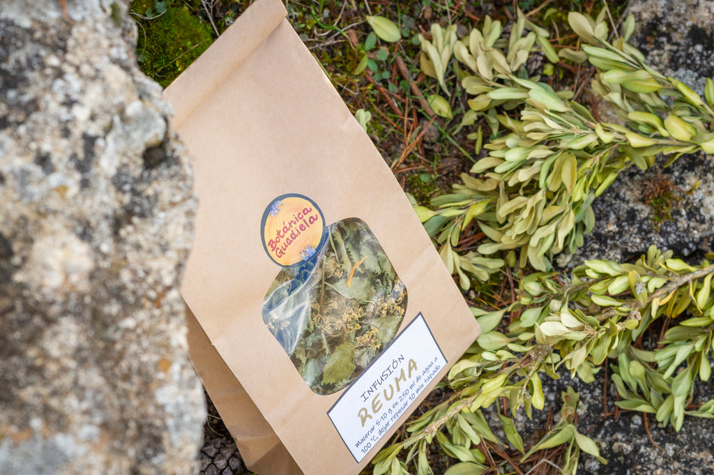 Bolsa de infusión Reuma de Botánica Guadiela elaborada con plantas silvestres artesanales sobre fondo de bosque.
